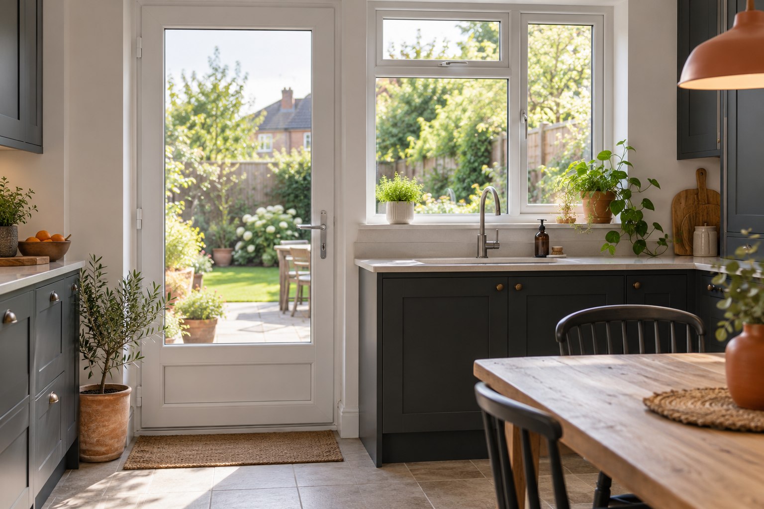 Illustrative white garden door and window in a British kitchen